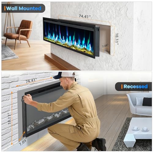 CABIHOME 60 Inch Electric Fireplace Wall Recessed and Wall Mounted with Adjustable Flame Color, Speed, Brightness, Low Noise, Built-in Timer, Log & Crystal, Remote Control & Touch Screen, 750/1500W CABIHOME