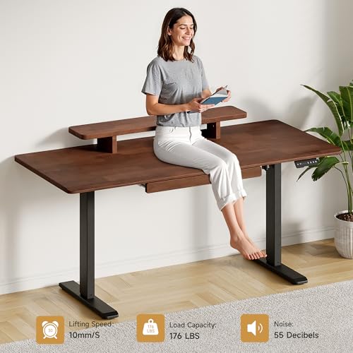 ONBRILL Standing Desk with Drawer, 47x23.6 Inches Solid Wood Desktop Stand Up Desk with Whole-Piece Board and Storage Shelf, Adjustable Height from 28-46 Inches for Home & Office, Black Walnut ONBRILL