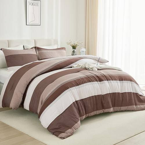 Litanika Brown Comforter Set Full - 3 Pieces Lightweight Brown White Colorblock Stripe Fluffy Bedding Comforter Sets, All Season Bed Set