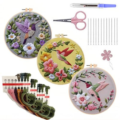 LB 3 Pack Hummingbird Flower Embroidery Kit for Beginners Funny Simple Beginner Embroidery Kit for Adults DIY Starter Kit with Embroidery Hoop Colorful Threads Tools Step by Step Instructions