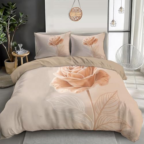 WIVCOMD Hand-Drawn Minimalist King Reversible Duvet Cover Sets Rice Pink Bedding Set, Single Rose Printed Duvet Cover with Pillowcases Zip Closure Perfect for Hot Sleeper WIVCOMD