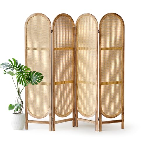 Aletheiawu 4 Panel Room Divider, 5.6 Ft Foldable Wood Room Divider Screen, Hand-Woven Rattan Folding Privacy Screens with Double Hinges, Wall Divider for Room Separation Bedroom Home Office - Natural Aletheiawu