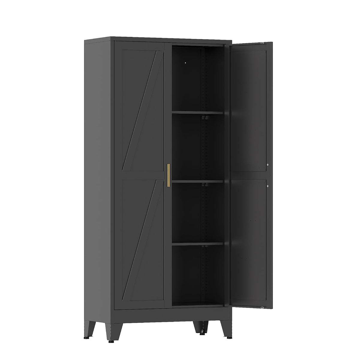 COFaR Black Metal Cabinet, 61 in Tall Metal Storage Cabinet with 3 Adjustable Shelves and Barn Doors, Farmhouse Cupboard Storage for Garage Kitchen Pantry Office, 4-Tier COFaR