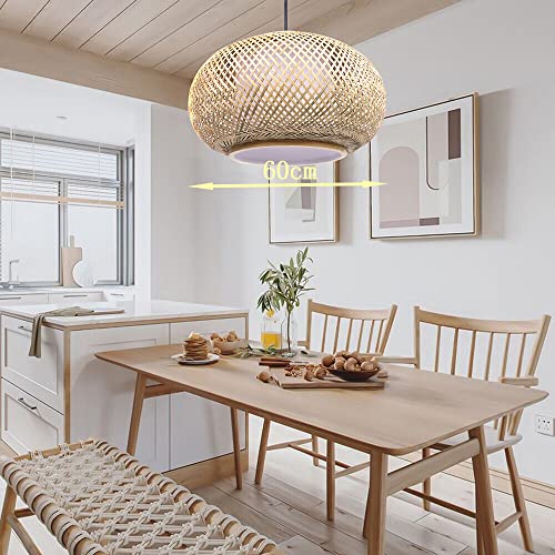 OUKANING 23.5" Bamboo Rattan Ceiling Pendant Light Retro Lantern Hanging Light Fixture, Rustic Woven Light Fixture Creative Decoration Art Lighting for Restaurant, Bedroom, Balcony OUKANING