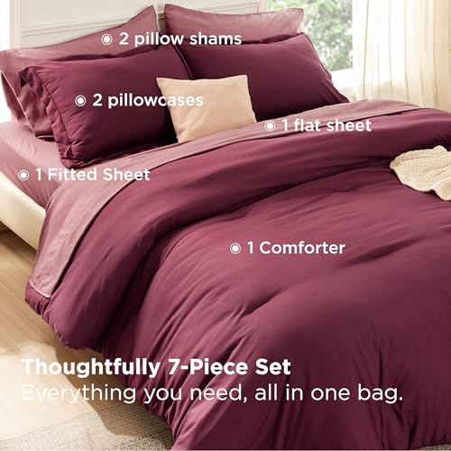 Bedsure King Size Comforter Set - 7 Pieces Burgundy King Bedding Set for All Seasons, Boho Contrasting Design Bed in a Bag with Comforter, Sheets, Pillowcases & Shams Bedsure