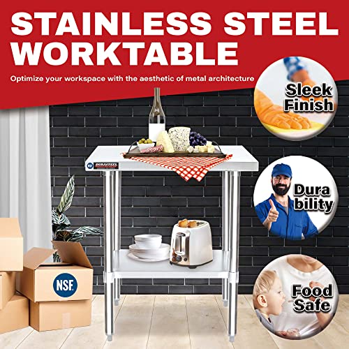 DuraSteel Food Prep Stainless Steel Table - 30 x 18 Inch Commercial Metal Workbench with Adjustable Under Shelf - NSF Certified - For Restaurant, Warehouse, Home, Kitchen, Garage DuraSteel