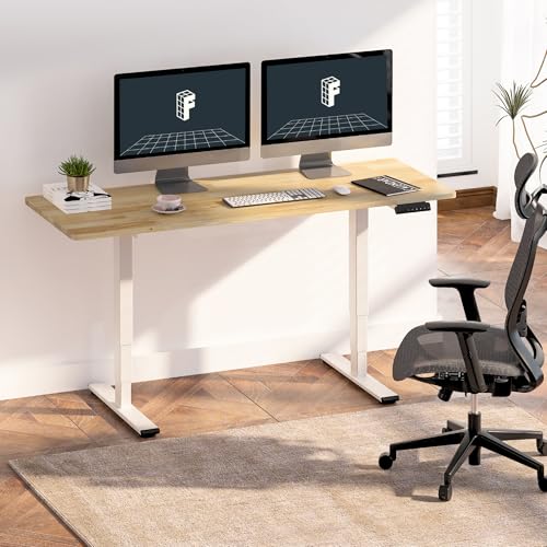 FlexiSpot E6 Solid Wood 3-Stage Dual Motor 55 x 24 Electric Standing Desk, Holds 220 lbs, Adjustable Height w/ Memory Presets, Butcher Block Rubberwood Desktop & White Frame, Ships in 2 Boxes FLEXISPOT