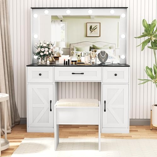 INTERGREAT 57" Makeup Vanity Desk with Large Mirror and 10 LED Lights,Dressing Table with Power Outlet & 5 Drawers,3 Lighting Color Adjustable,Vanity Desk for Girls,White INTERGREAT