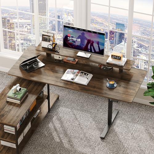 Lefurture Standing Desk with File Cabinet, 55x24'' L Shaped Electric Stand Up Desk with Adjustable Monitor Shelf, Adjustable Height 28-46'' for Home and Computer Workstation, Walnut Lefurture