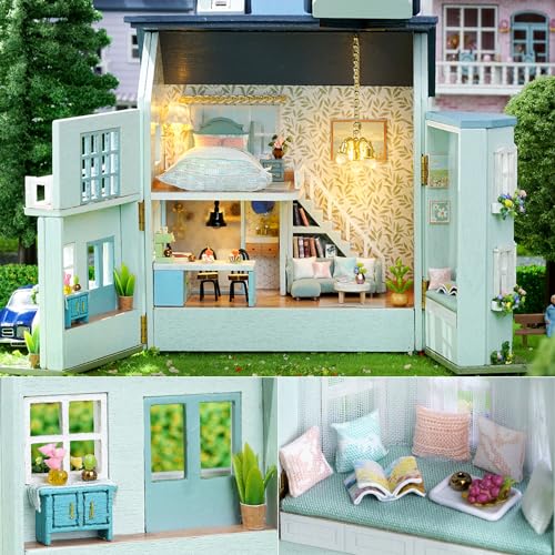 TuKIIE DIY Miniature Dollhouse Kit with Furniture, 1:32 Scale Creative Room Opened & Closed Mini Wooden Doll House for Kids Teens Adults(Warm House)