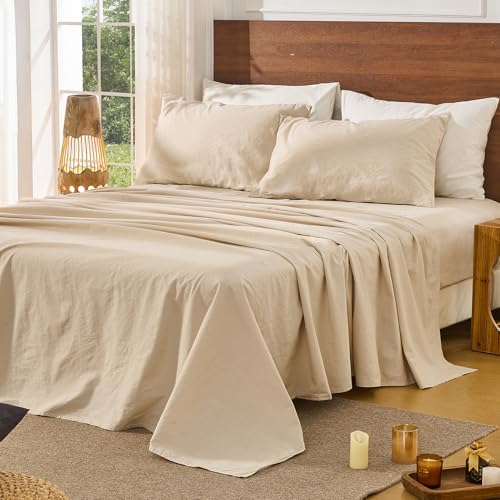 Bedlifes 100% French Pure Linen Sheets Queen Size Breathable and Cooling Flax Sheet Set Soft Durable and Moisture Wicking 16 Inch Deep Pocket-4 Piece(Queen,Linen) Bedlifes