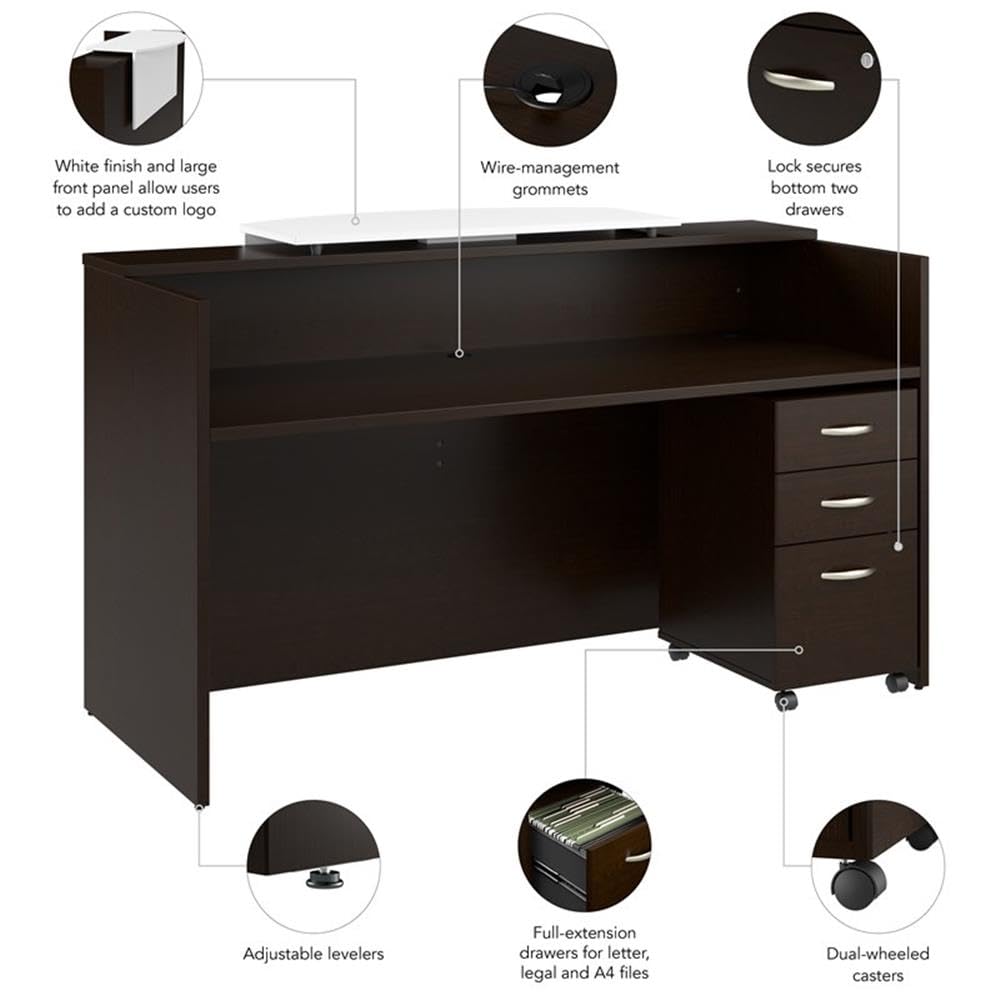 Bush Business Furniture Arrive 72W x 30D Reception Desk with Counter and Mobile File Cabinet in Mocha Cherry Bush Furniture