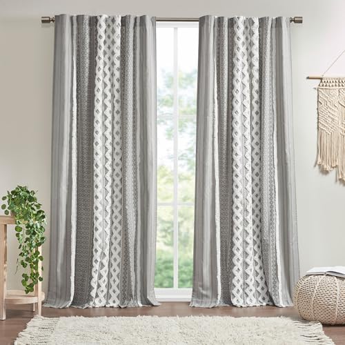 INK+IVY Imani 100% Cotton Single Panel Curtain Tufted Chenille Stripe Geometric Print Mid-Century Look Rod Pocket Top Drape for Living Room, Privacy Window Treatment for Bedroom, 50" x 84", Grey INK+IVY