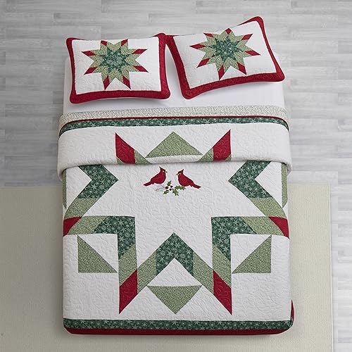 NELIFDER King Size Christmas Bedding Quilt Set 100% Cotton Red Bird White Snowflake Pattern Bedspread Real Patchwork Star Hand Made 3 Peice Wedding Ring Set NELIFDER