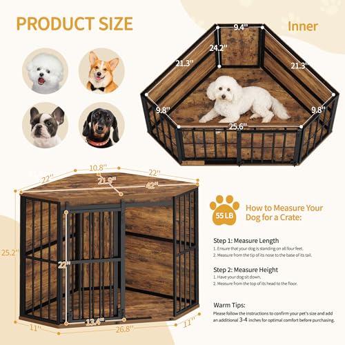 Hzuaneri Corner Dog Crate Furniture with Barn Door, Heavy Duty Dog Kennel Indoor, Wooden Decorative Pet Cage for Small Medium Dogs, Space-Saving TV Stand Anti-Chew Anti-Escape, Rustic Brown DFC88901B Hzuaneri