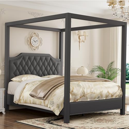 GarveeHome Upholstered Canopy Bed Frame Queen Size with Headboard, Button Tufted, Nailhead Trim Design, No Box Spring Required, Dark Grey(Shipped in 2 Boxes)