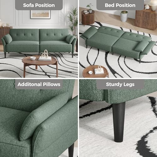 COPIAE 89” Futon Sofa Bed,Comfy Futon Couch Bed with 2 Square Pillows,Convertible Sleeper Sofa with Adjustable Backrest& Armrests, Modern Loveseat Sleeper for Living Room, Bedroom, Linen Green COPIAE