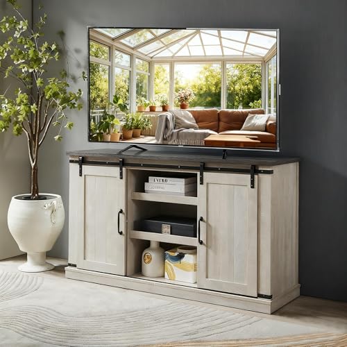 FAVSH Farmhouse TV Stand for 65 inch Television Stand, Entertainment Center with Storage Cabinet and Sliding Barn Doors & Adjustable Shelves, Rustic Media Console Table for Living Room FAVSH