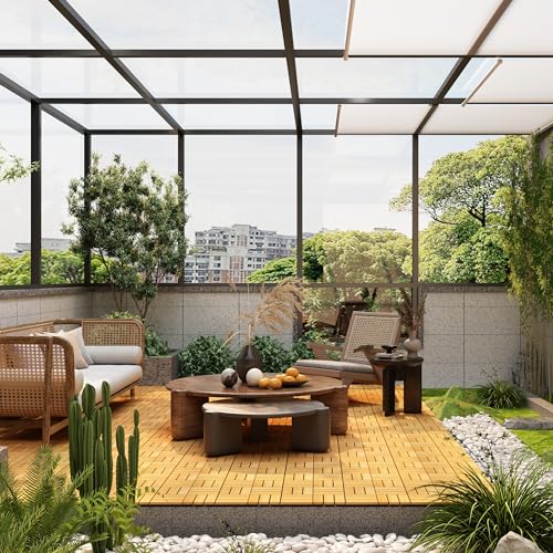 PrimeZone 54 PCS Solid Acacia Wood Interlocking Patio Deck Tiles - 12" x 12" Indoor Outdoor Waterproof Flooring Tiles for Balcony, Backyard, Garden & Poolside, All Weather Use, Natural Wood, Checker PrimeZone