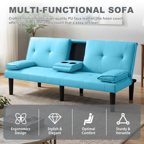 AnoYishev Futon Sofa Bed PU Leather Modern Convertible Futon Couch with Removable Armrests, Cup Holders, Loveseat Sleeper Sofa Bed for Living Room, Apartment, Small Spaces (Blue) AnoYishev