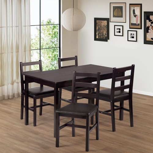 FDW | 5-Piece Solid Wood Dining Table Set for 4 | Brown | Pine Kitchen Table with Upholstered Chairs | Space-Saving Design | Smooth Easy-to-Clean Surface | for Dining Room, Apartment, Restaurant FDW
