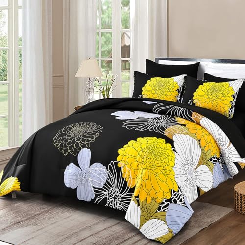 Black Yellow Comforter Set Full,Floral Bed in a Bag Comforter for All Season,7 Pieces(1 Comforter 1 Flat Sheet 1 Fitted Sheet 2 Pillowshams and 2 Pillowcases),Soft Microfiber Bedding Set 90" x78” Yiran