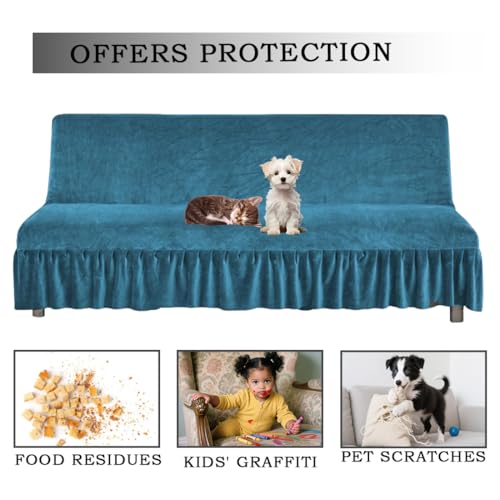 Daunkang Stretch Armless Futon Cover with Skirt Ruffled Sofa Bed Slipcover Washable Folding Futon Sofa Covers Furniture Bed Protector with Elastic Bottom for Kids Pets Large Lake Blue Daunkang