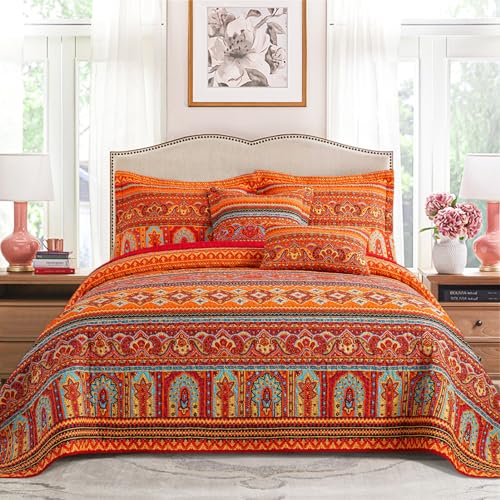 VAPUTAR Cotton Quilt Twin Size Bedding Set - 2 Pieces Twin Quilt Bedding Set, Boho Twin Size Quilts, Lightweight Reversible Coverlets Bedspreads for Farmhouse Bedroom (Red/Orange) VAPUTAR