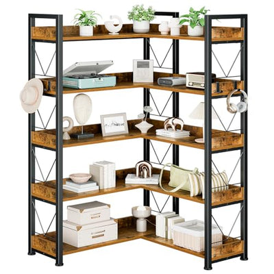 DUMOS 65 inch L Shaped Bookshelf, 5 Tier Corner Bookcase with Hooks and Edge, Industrial Pantry Shelves with Metal Frame, Wooden Open Storage for Living Room, Home Office, Bedroom, Rustic Brown