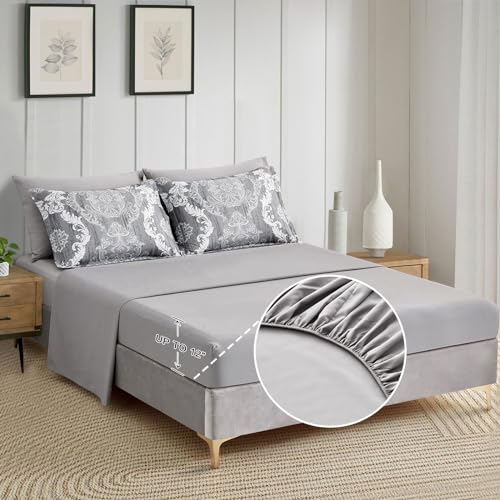 WONGS BEDDING Grey Comforter Set Queen Size, Damask Texture 7 Pieces Gray Bed in a Bag Microfiber Boho Comforter Bedding Sheet Set with Comforter, Flat Sheet, Fitted Sheet,Pillow Shams,Pillowcases WONGS BEDDING