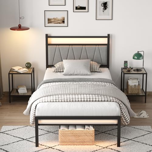 CollaredEagle Twin Bed Frame with LED Lights & Charging Station, Metal Platform Bed Frame with Fabric Upholstered Headboard, No Box Spring Needed, Noise Free, Easy Assembly, Black CollaredEagle