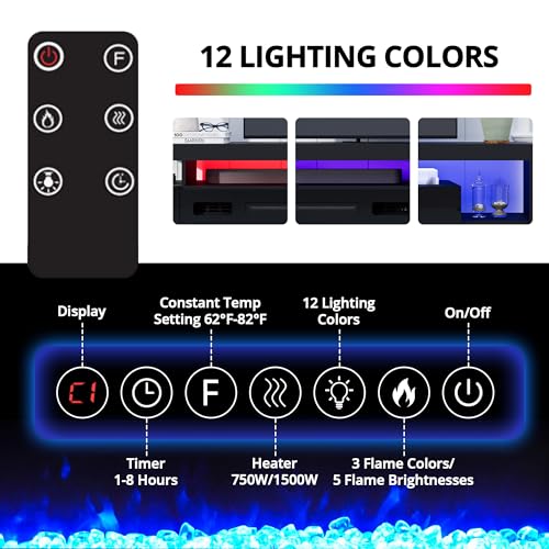 Cozy Castle 73.2 Inch Fireplace TV Stand with Storage,30" Electric Fireplace,LED Entertainment Center Tv Console for 65 70 80"Tv,High Gloss Modern Tv Stand with Charging Station for Living Room,Black Cozy Castle