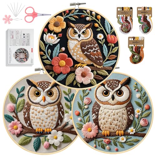 Santune Embroidery Kit for Beginners Needlepoint Cross Stitch Kits Adult Needle Point Sets with Owl Embroidery Patterns, Includes Step-By-Step Instructions and Accessories