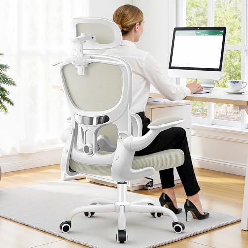 ALLGOD Ergonomic Office Chair, Mesh Desk Chair with Lumbar Support, High Back Home Office Chair with Adjustable Headrest and Flip-Up Arms, Comfortable Computer Chair, Thick Cushion, 300 LBS, White ALLGOD