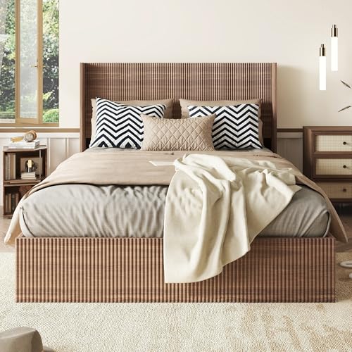 Lift Up Storage Bed Queen Size, Queen Bed Frame with Headboard and Lift Storage System, Wood Headboard with Wing-Back and Convex Groove Board Design Bellemave