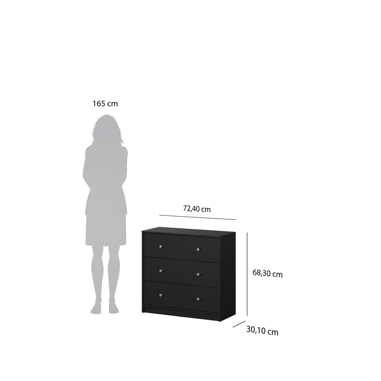 Tvilum Portland 3 Drawer Chest, Black Tvilum