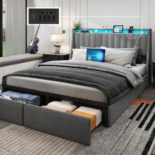 Full Bed Frame with 2 Storage Drawers, Platform Bed Frame Full Size with LED Light, Upholstered Headboard, Charging Station, Steel Slat Support, No Box Spring Needed, Noise-Free, Easy Assembly, Gray Doltoro