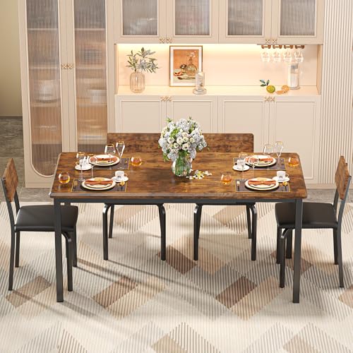 IRONCK 5-Piece 63" Extendable Dining Table with 4 Upholstered Chairs, Kitchen Table Set for 4-8 People, Dining Room Sets with MDF Wood Board, Drop Leaf Table Design for Space Saving, Rustic Brown IRONCK