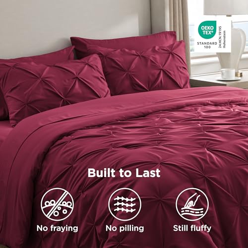 Bedsure Full Comforter Set Dark Red - Bed in a Bag Full Size Bedding Set 7 Pieces, GentleSoft™ Pintuck Bed Set Gift for Family, Pinch Pleat All Season Comforter with Sheets, Pillowcases & Shams Bedsure