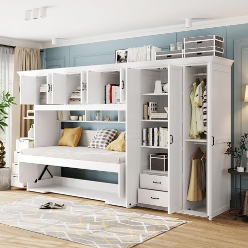 Merax Murphy Bed Wall Bed with Wardrobe, Cabinet and Desk, Twin Size, White Merax