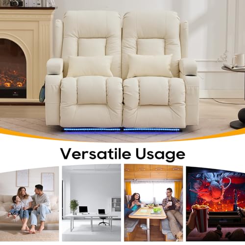 IPKIG Power Loveseat Recliner Sofa, Wall Hugger Reclining Chair with LED Lights, Side Pockets, Cup Holders, Massage & Heating, RV Recliners Couch Dual Sofa Reclinable, White