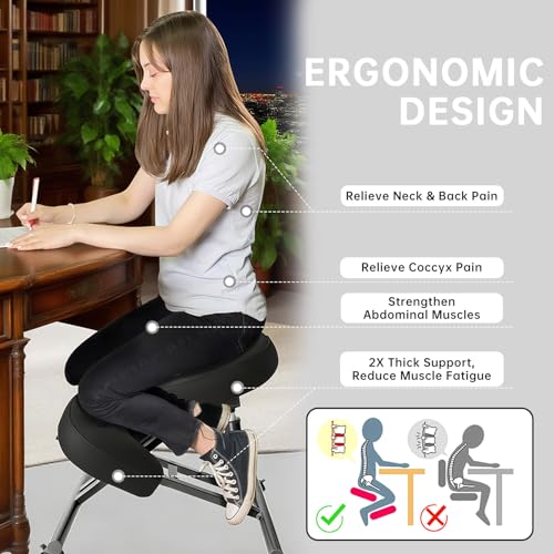 PU Leather Ergonomic Kneeling Chair, Adjustable Home and Office Stool with Thick Pads and Flexible Lockable Brake Wheels for Back Pain Relief(Black) DENGTELI