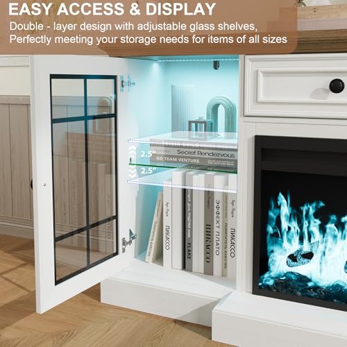RNLRNL Fireplace TV Stand Up to 80" TVs, 70'' Modern Entertainment Center with 36" Electric Fireplace & LED Lights, Farmhouse Media Console with Storage Cabinet & Drawer for Living Room, Antique White RNLRNL