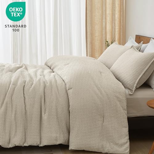 PHF Ultra Soft Waffle Weave Comforter Set King Size, 3 Pieces Lightweight Breathable Comfy Bedding Set, Comfy Textured 1 Comforter with 2 Pillow Shams, Linen PHF