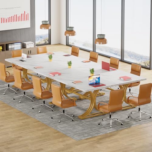 Tribesigns 10.5FT Faux Marble Conference Table, Modern Meeting Table with Gold Legs for 8-10 People, Rectangle Seminar Boardroom Table for Office Conference Room (4, White + Gold) Tribesigns