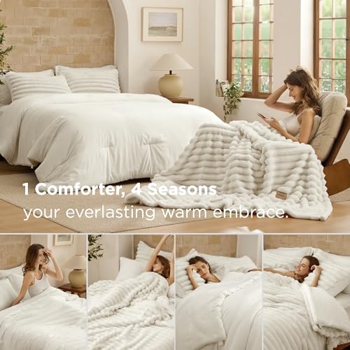 Bedsure Gentlesoft 2-in-1 Queen Comforter Set and Detachable Fluffy Blanket, Cream White Bedding Set for All Season Use, SnapTech Design for Space Saving (Includes 2 Pillow Shams, 2 Pillowcases) Bedsure