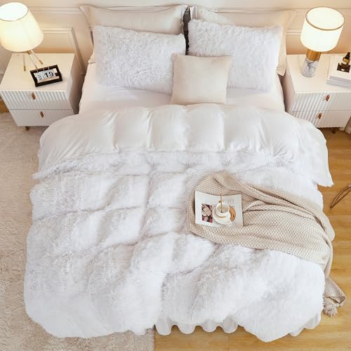Andency White Comforter Full Size Set, 3 Pieces Fluffy Faux Fur Warm Soft Fuzzy Plush Bedding Comforter Set, Thick Heavy Puffy Comfy Bedding Sets Andency