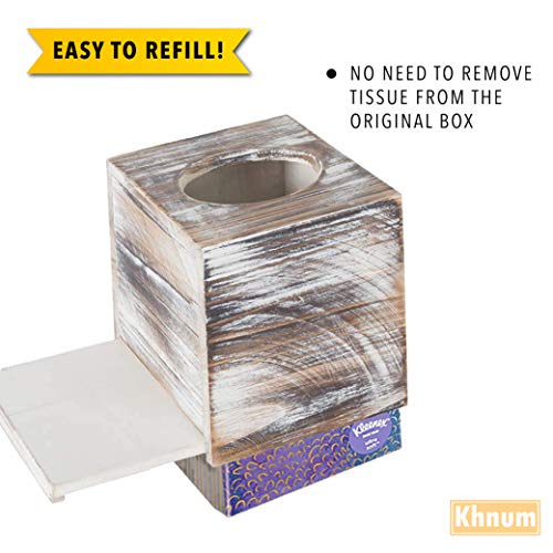 White Barnwood Tissue Box Cover: 2 Pack Tissue Box Holder Includes Slide-Out Bottom Panel, Stylish Tissue Box Cover Square Perfect for Farmhouse Bathroom Decor Khnum