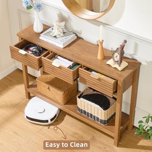 LEYAOYAO Fluted 47.2" Console Table with 3 Drawers, Modern Wood 2 Tier Entryway Table with Open Storage Shelf, Boho Sofa Entry Tables Behind Couch for Living Room, Hallway, Entrance Foyer, Tea Brown LEYAOYAO