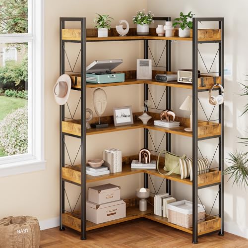 DUMOS 65 inch L Shaped Bookshelf, 5 Tier Corner Bookcase with Hooks and Edge, Industrial Pantry Shelves with Metal Frame, Wooden Open Storage for Living Room, Home Office, Bedroom, Rustic Brown DUMOS